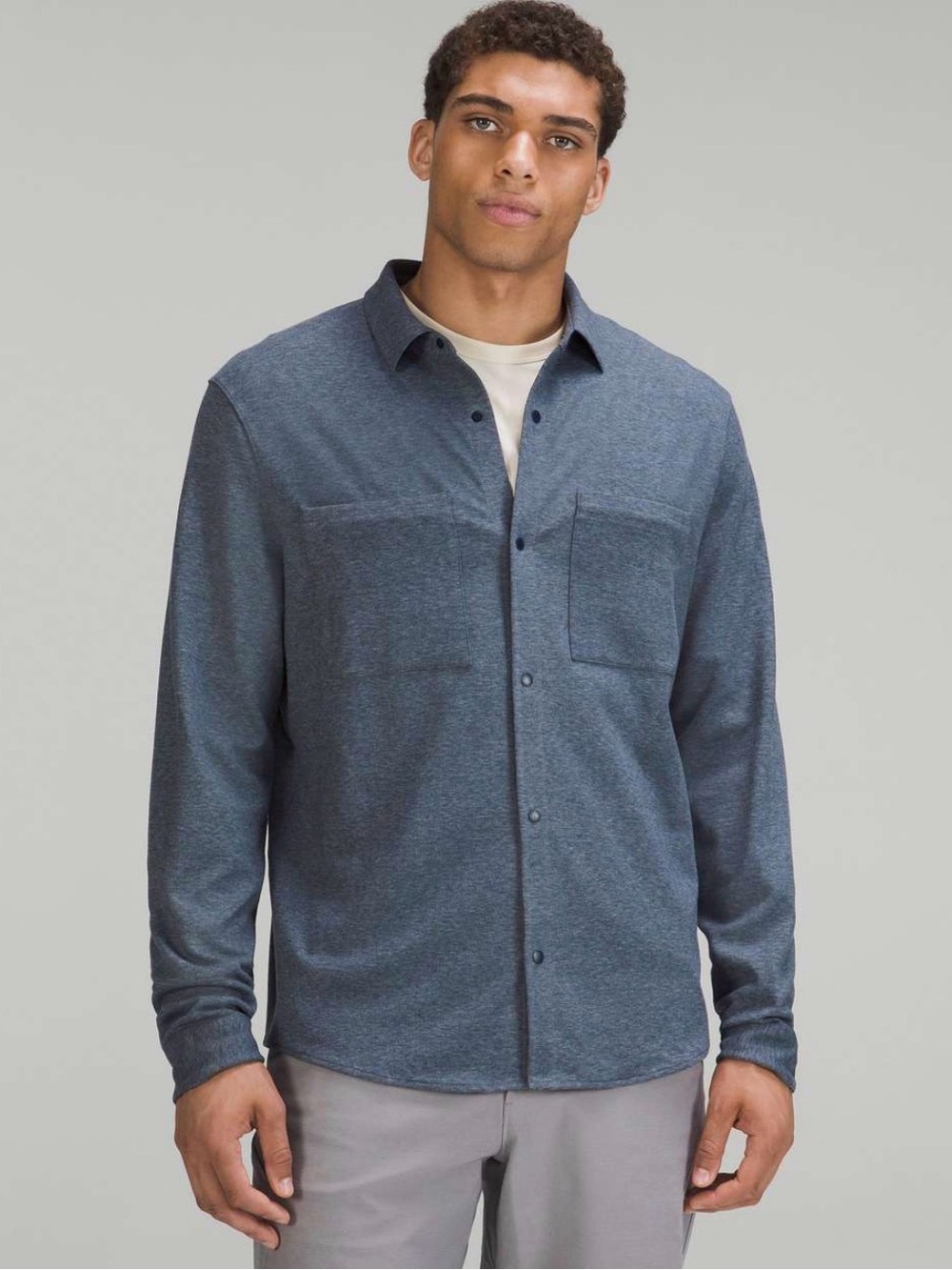 Men's Lululemon Soft Knit Overskirt Snap Front Shirt Jacket, Heathered True Navy